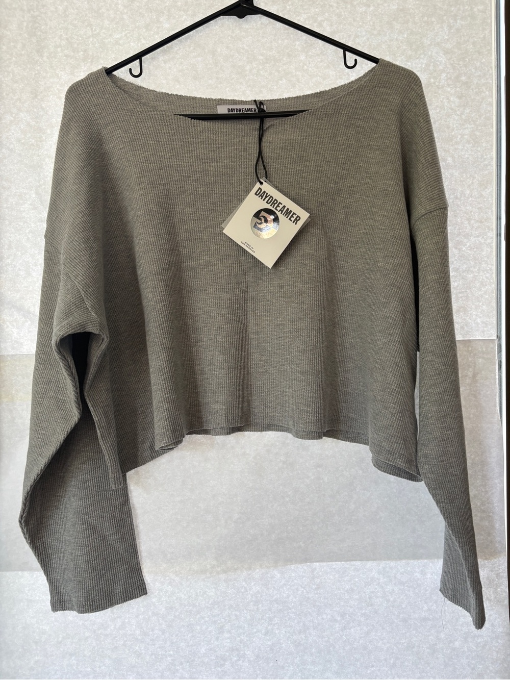 Daydreamer Gray Cropped Long-Sleeve, Off the Shoulder Top, Waffle Knit - Picture 3 of 6